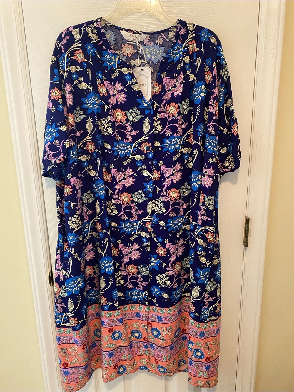 V-Neck Floral Midi Dress - Navy Multi